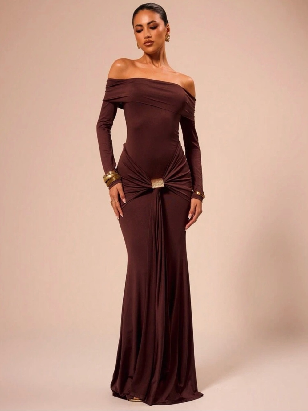 SHEIN Strapless Off-Shoulder Long Sleeve Brown Maxi Dress